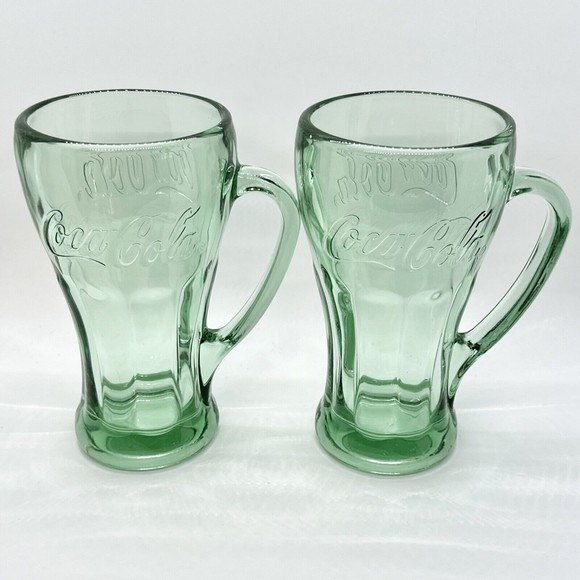 Set Of 2 Vintage Green Coca-Cola Glasses With Handle Mugs 14 oz Heavy‎ - Picture 4 of 10